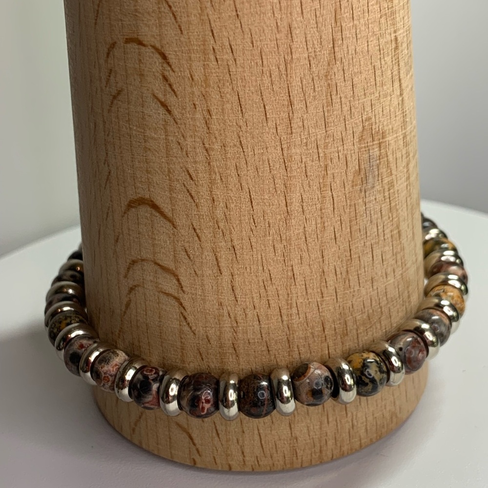 Vintage Sterling Silver & Leopard Jasper 6MM Beaded Bracelet 7-1/2” Long - Picture 2 of 16